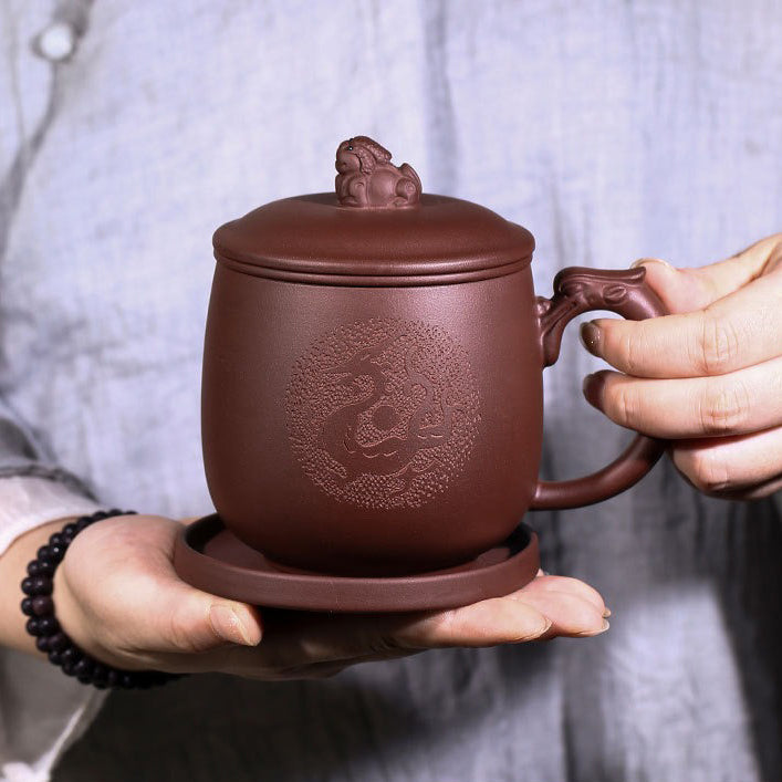 Purple Clay Dragon Tea Cup with Infuser and Pi Xiu Lid
