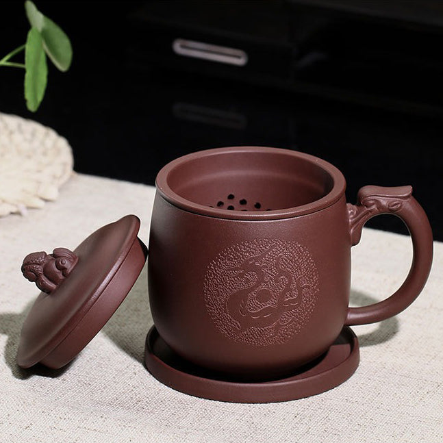 Purple Clay Dragon Tea Cup with Infuser and Pi Xiu Lid