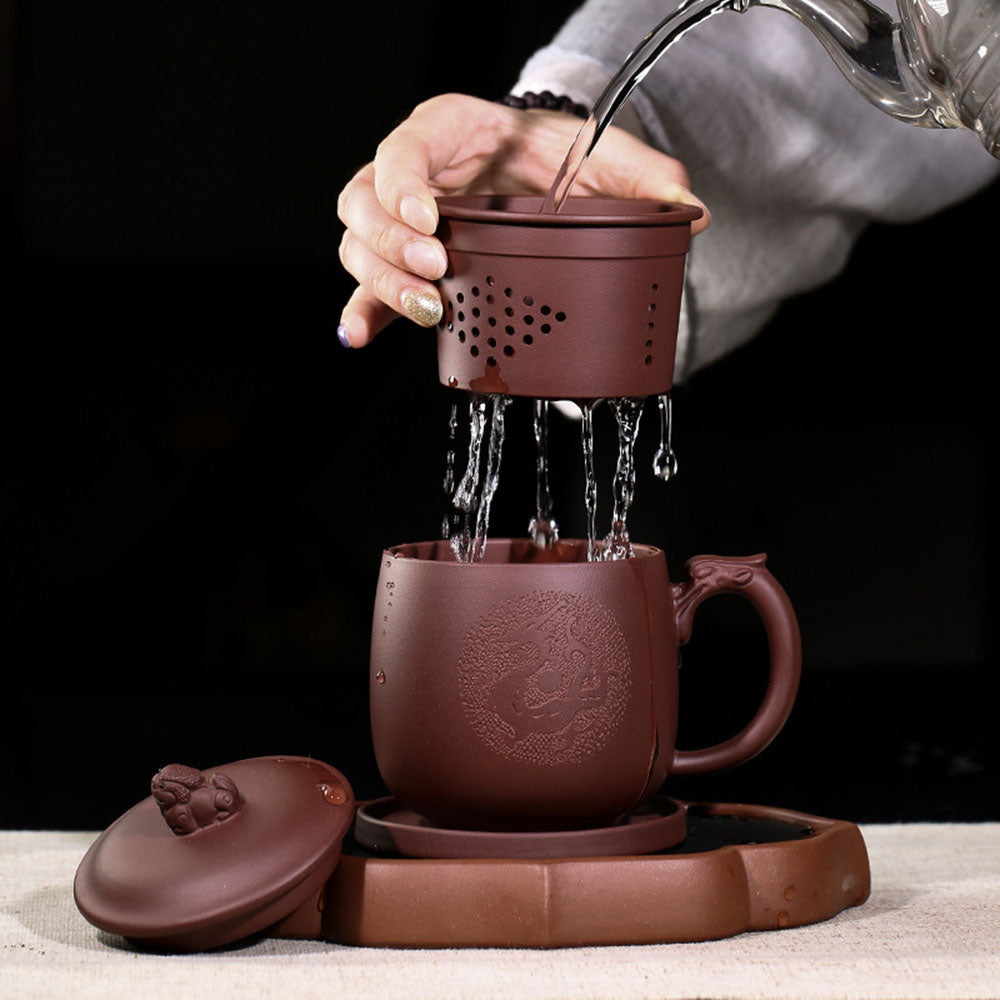 Purple Clay Dragon Tea Cup with Infuser and Pi Xiu Lid