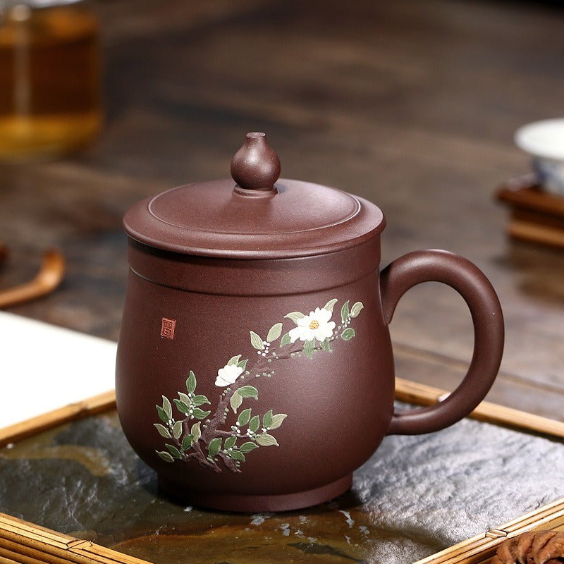 Yixing Purple Clay Peony Tea Cup with Gourd Lid