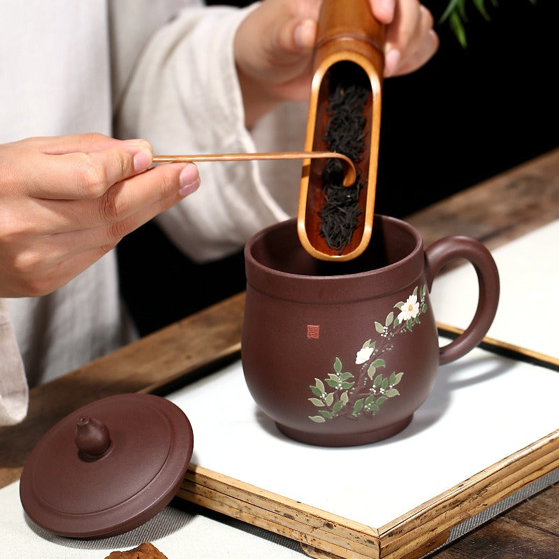 Yixing Purple Clay Peony Tea Cup with Gourd Lid