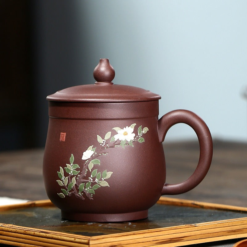 Yixing Purple Clay Peony Tea Cup with Gourd Lid