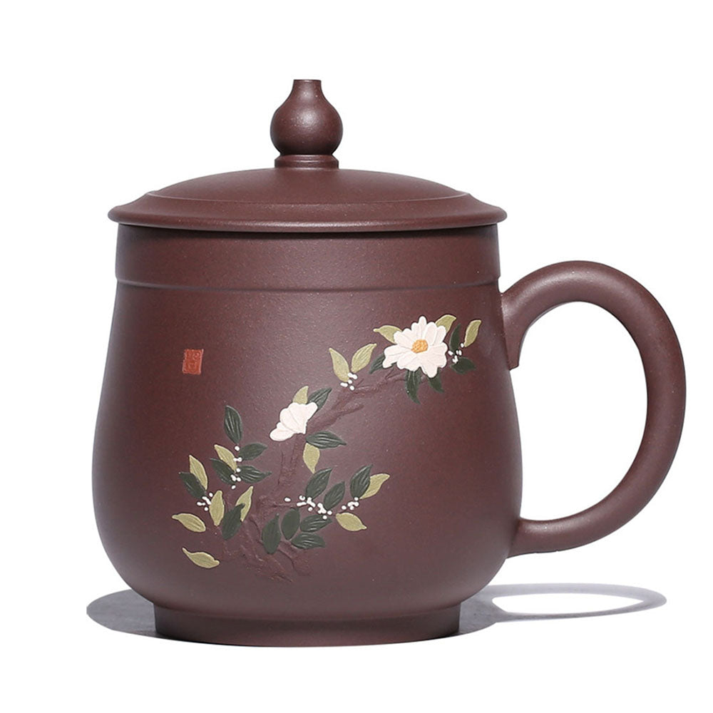 Yixing Purple Clay Peony Tea Cup with Gourd Lid