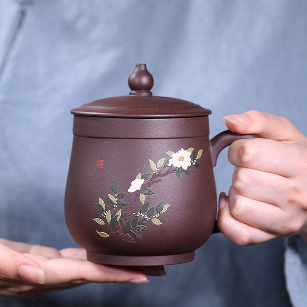 Yixing Purple Clay Peony Tea Cup with Gourd Lid