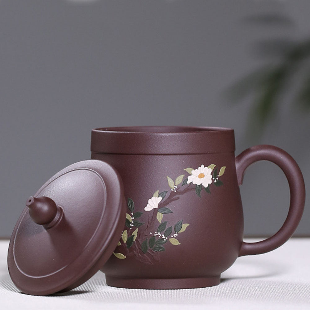 Yixing Purple Clay Peony Tea Cup with Gourd Lid