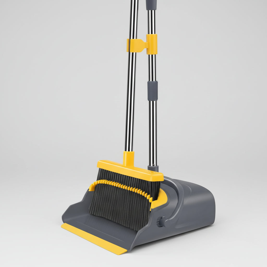 Self-Cleaning Broom and Dustpan Set with Adjustable Handle