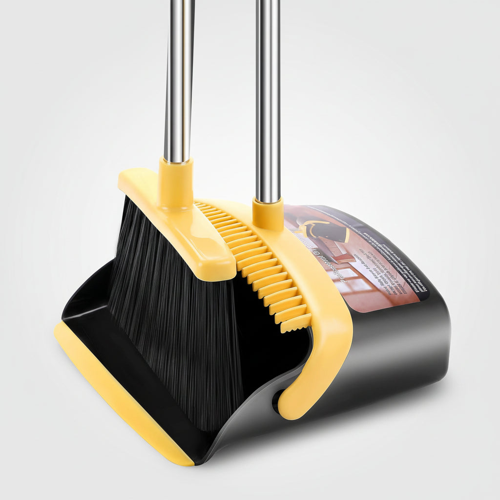 Self-Cleaning Broom and Dustpan Set with Adjustable Handle
