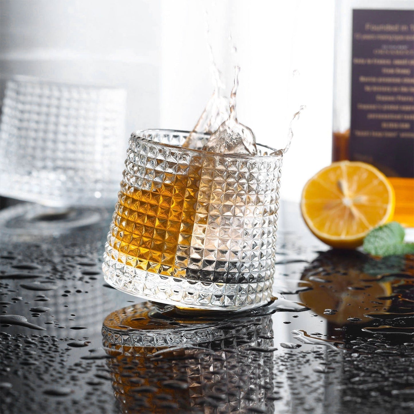 Rotatable Clear Glass Whiskey Tumbler Set