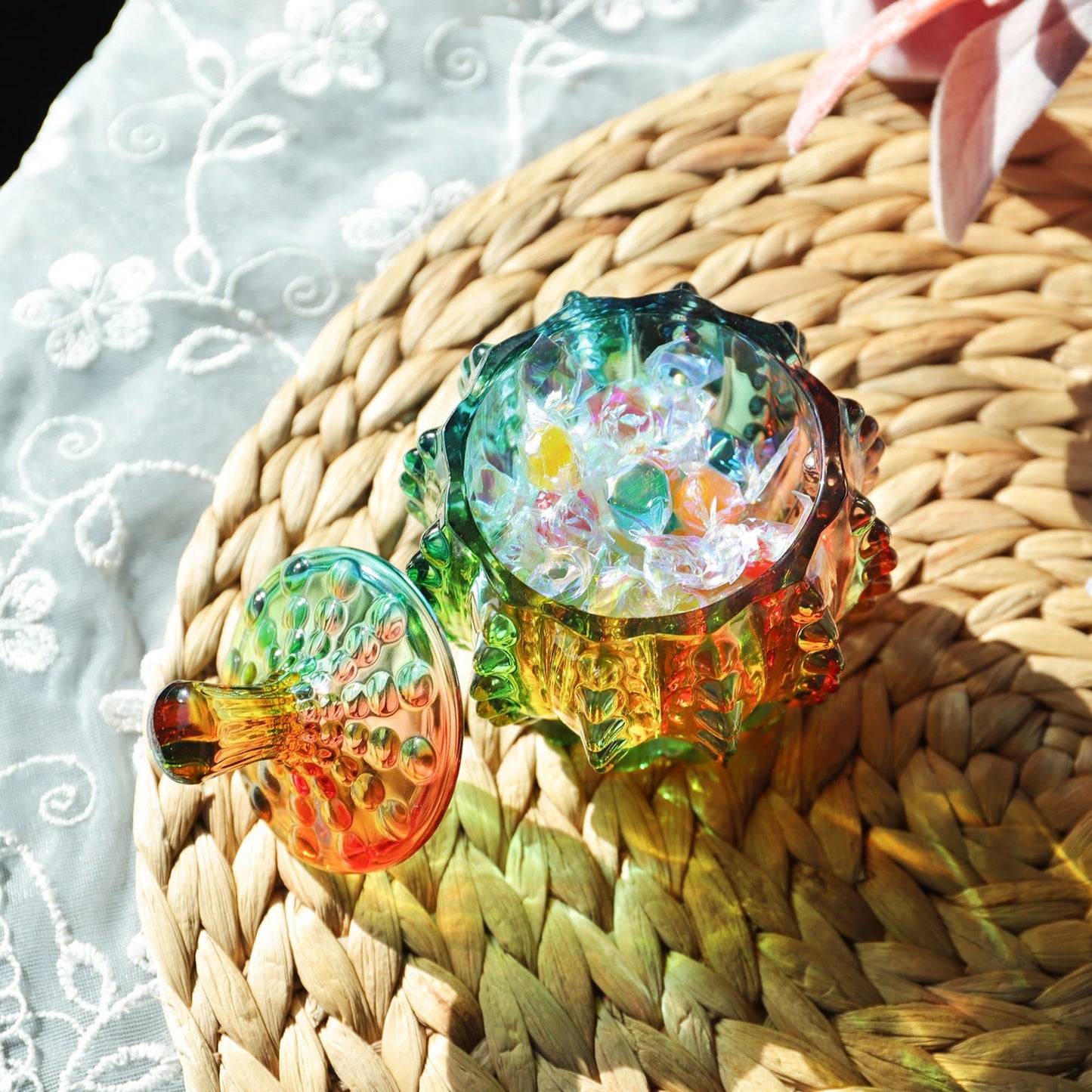 Iridescent Crystal Glass Candy Jar with Lid