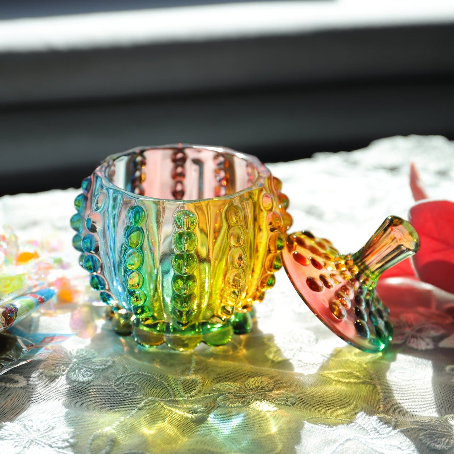 Iridescent Crystal Glass Candy Jar with Lid