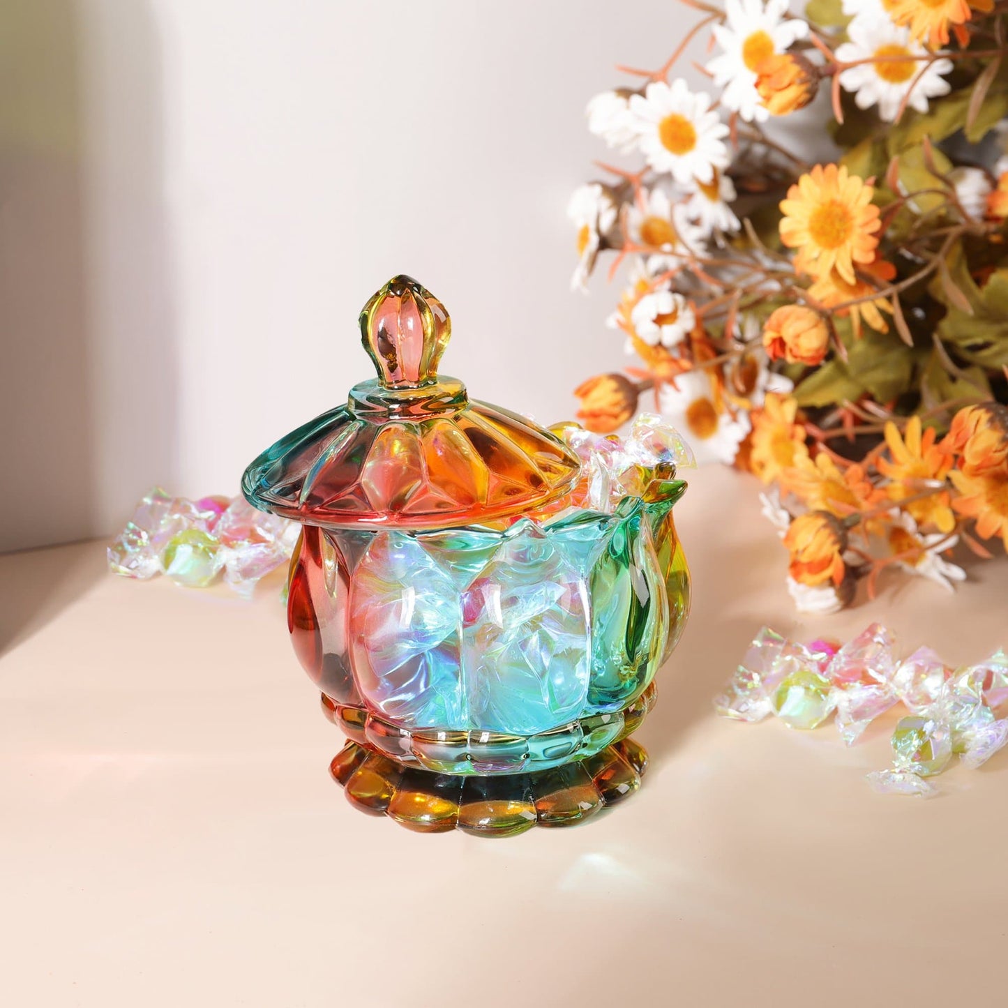 Iridescent Crystal Glass Candy Jar with Lid