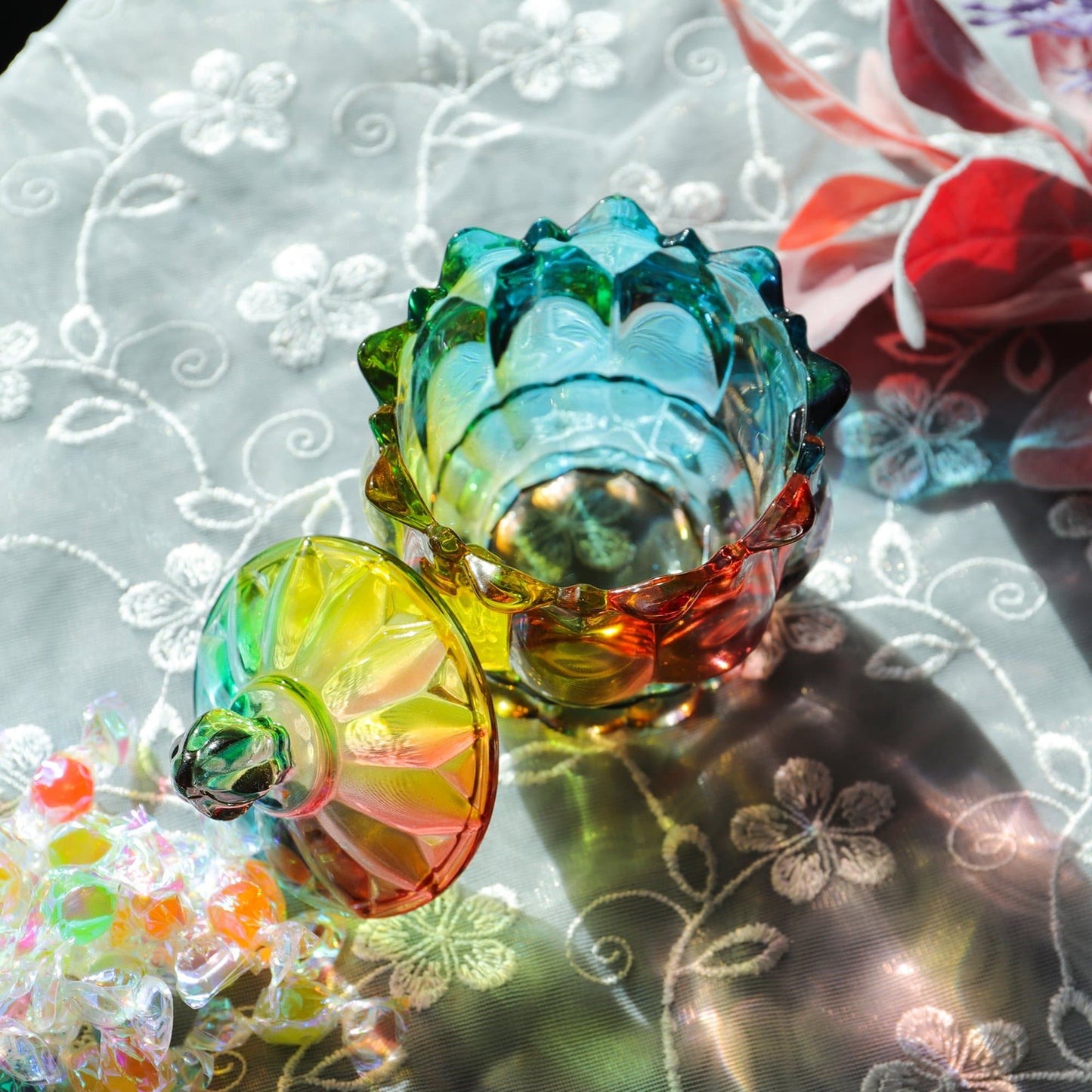 Iridescent Crystal Glass Candy Jar with Lid