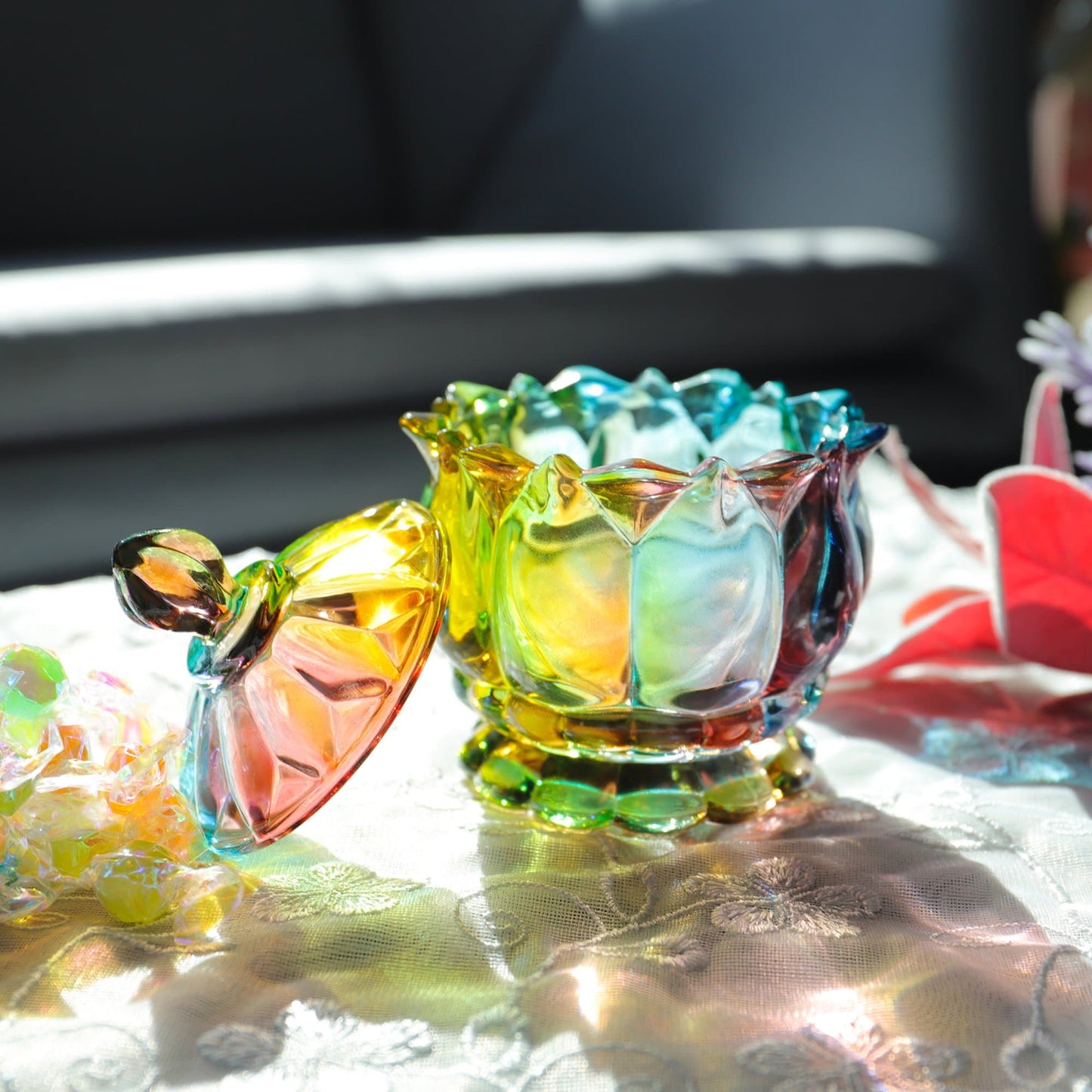 Iridescent Crystal Glass Candy Jar with Lid