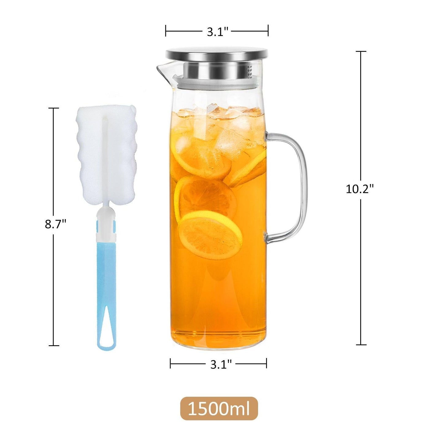 Heat-Resistant Borosilicate Glass Pitcher with Detachable Lid, 51 oz