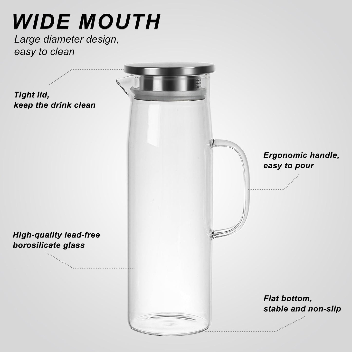 Heat-Resistant Borosilicate Glass Pitcher with Detachable Lid, 51 oz