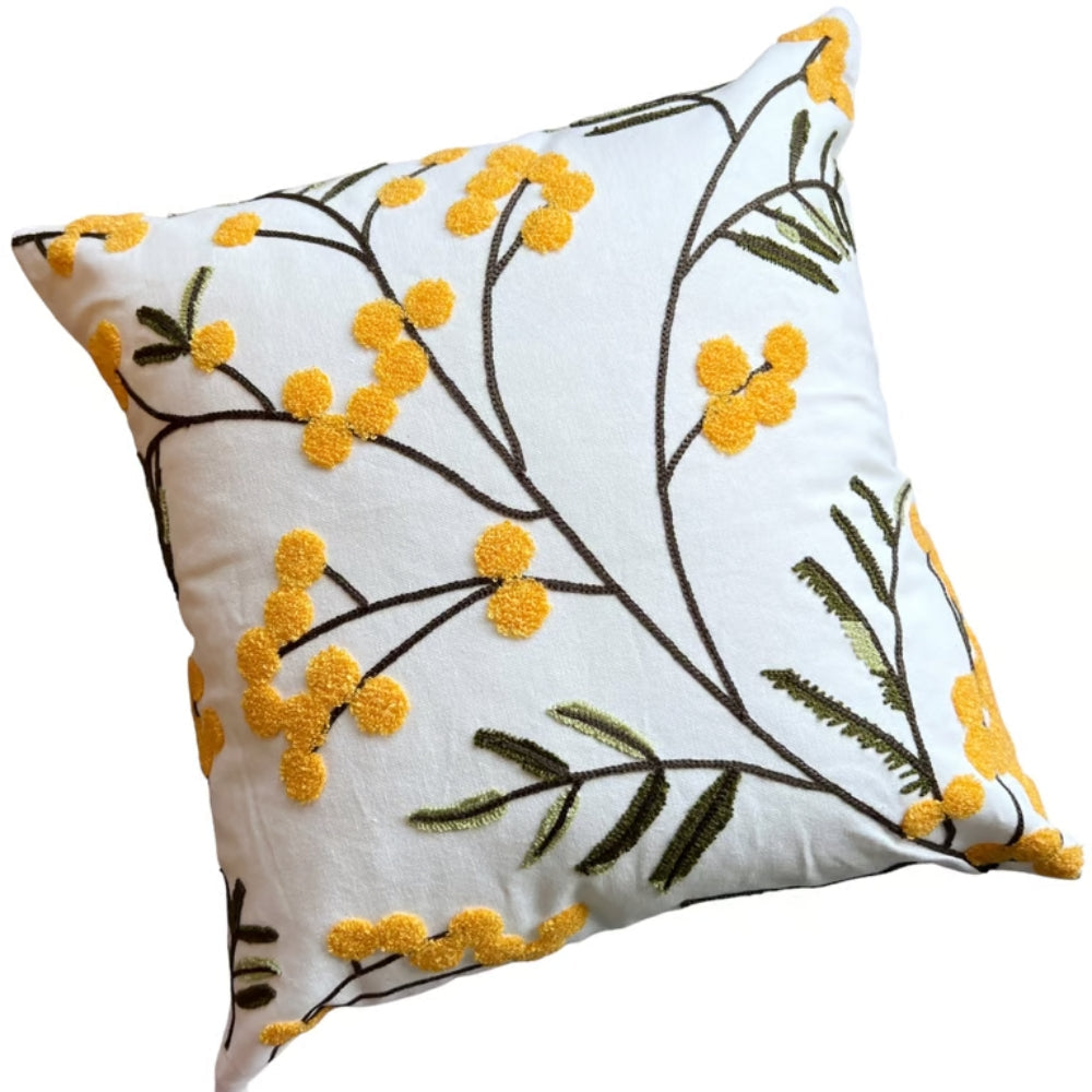 Yellow Floral Leaf Embroidery Cushion Cover