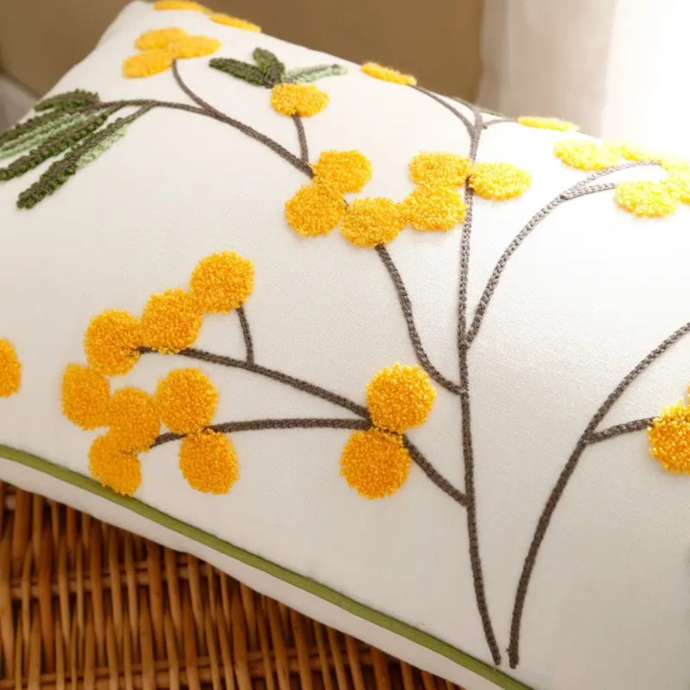 Yellow Floral Leaf Embroidery Cushion Cover