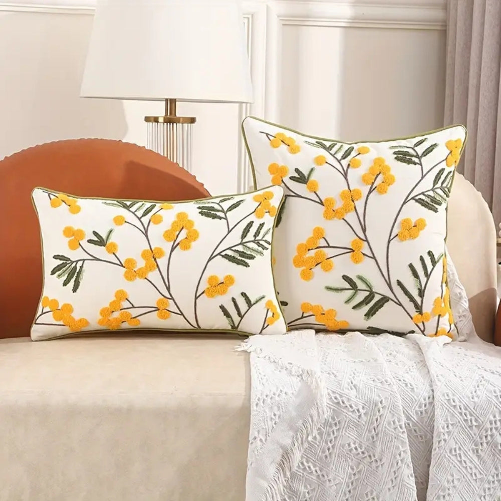 Yellow Floral Leaf Embroidery Cushion Cover