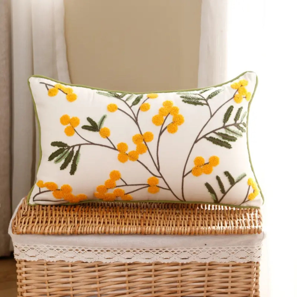 Yellow Floral Leaf Embroidery Cushion Cover