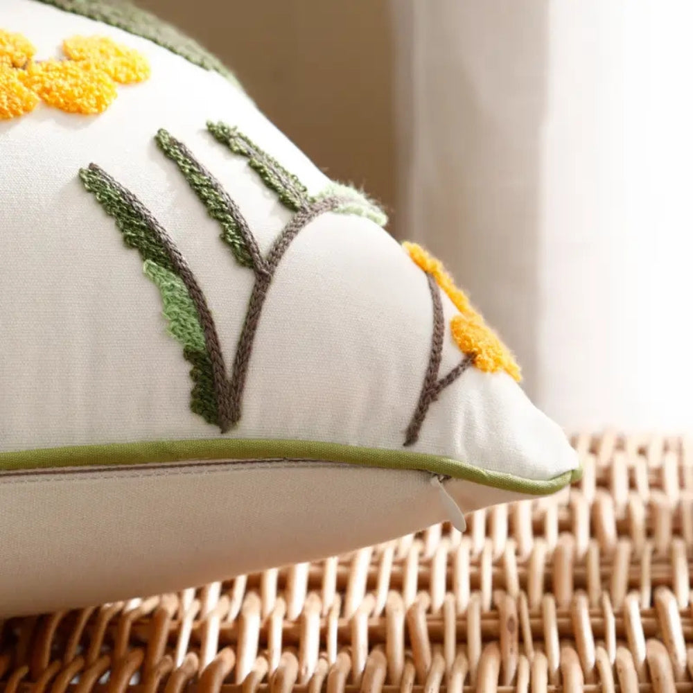 Yellow Floral Leaf Embroidery Cushion Cover