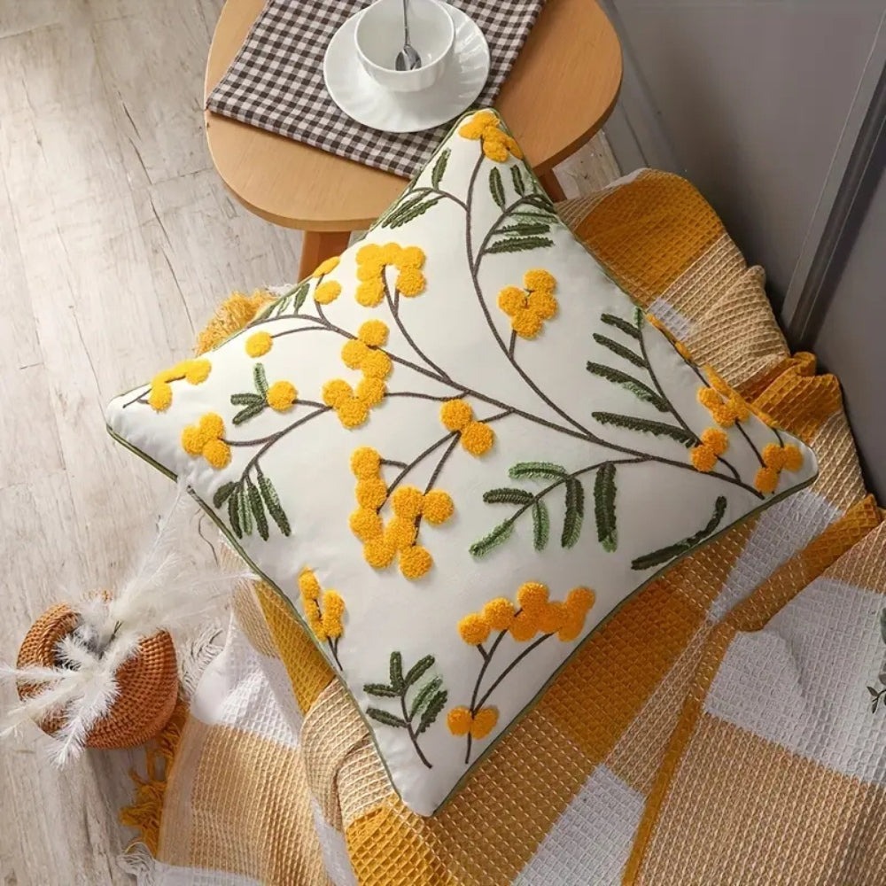 Yellow Floral Leaf Embroidery Cushion Cover