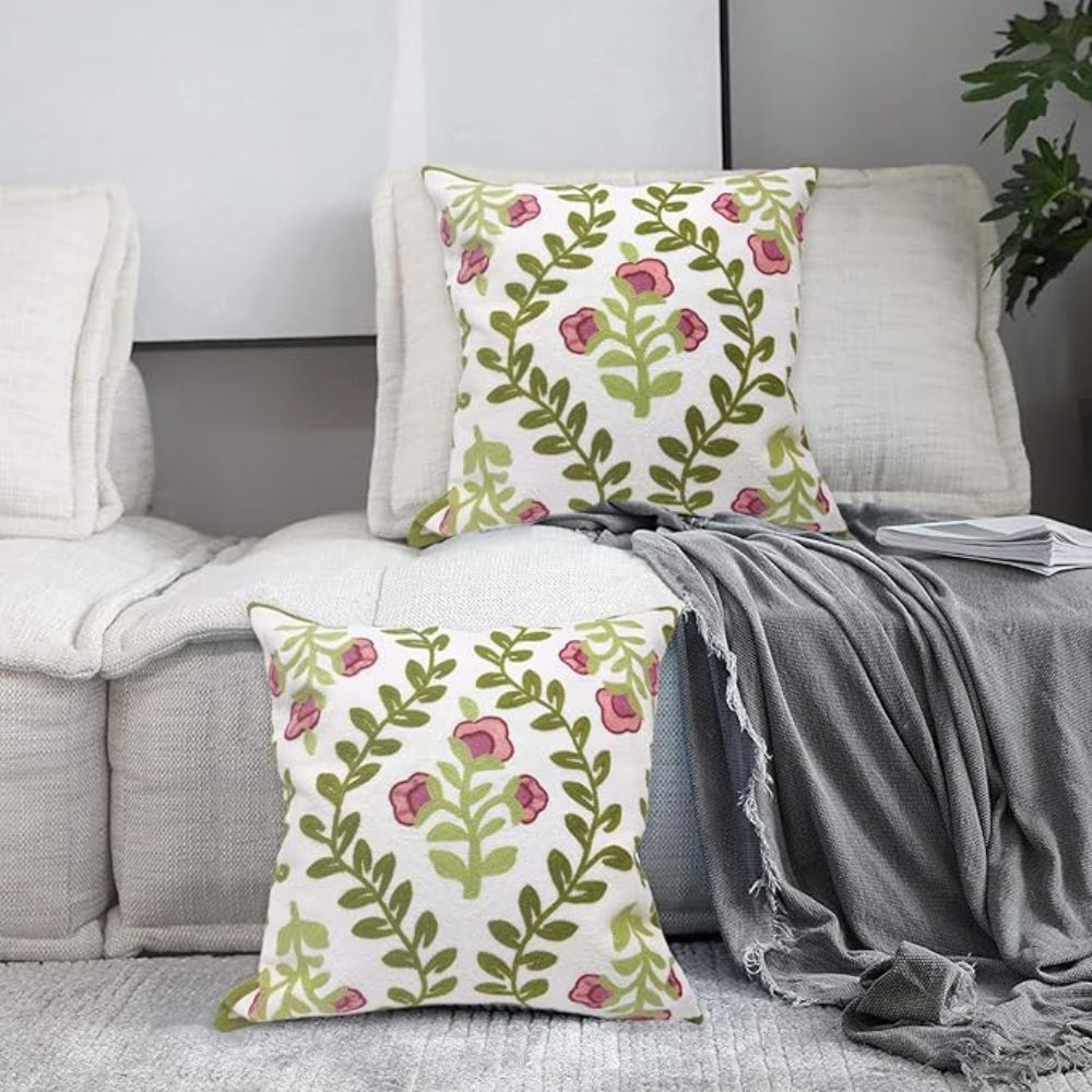 Embroidered Floral Microfiber Cushion Cover