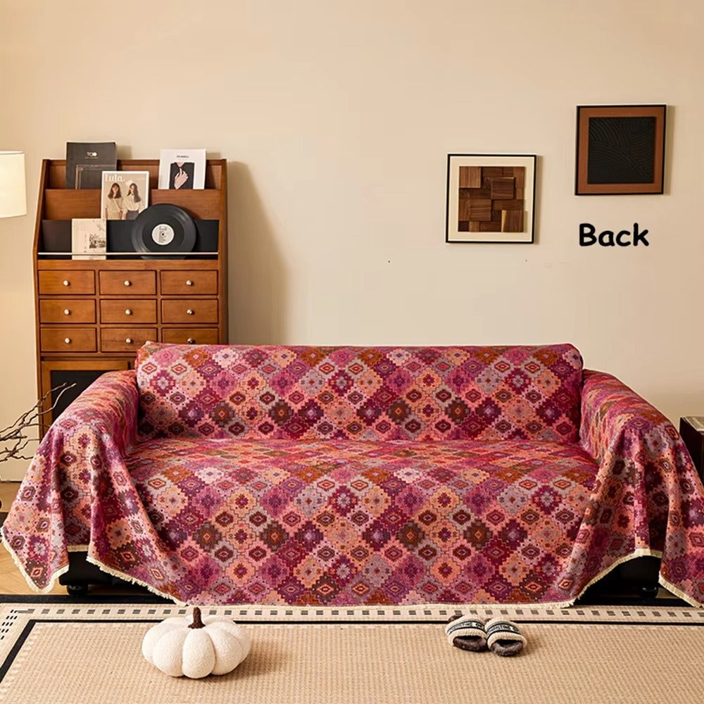 Geometric Kilim Sofa Cover with Tassel Edge