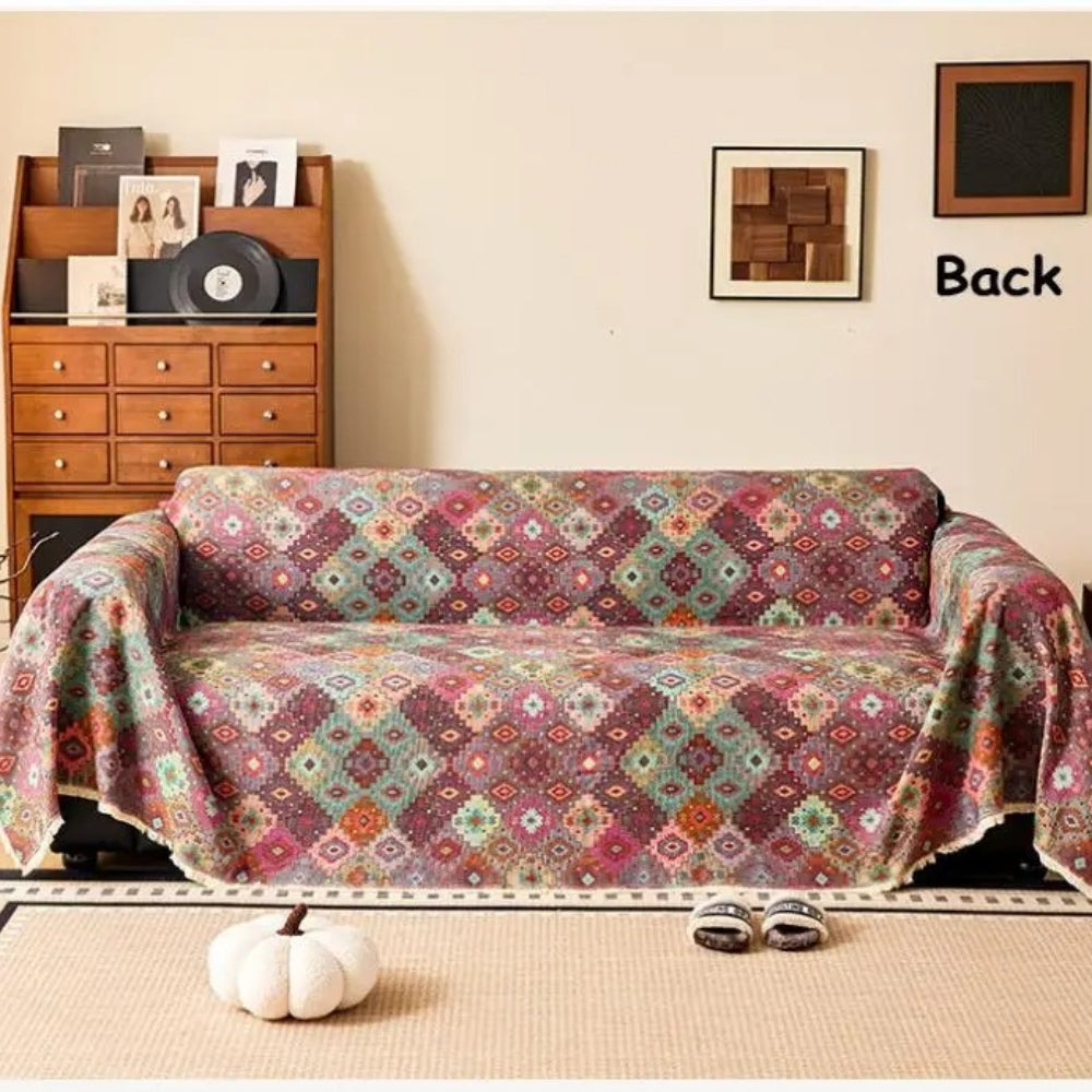 Geometric Kilim Sofa Cover with Tassel Edge