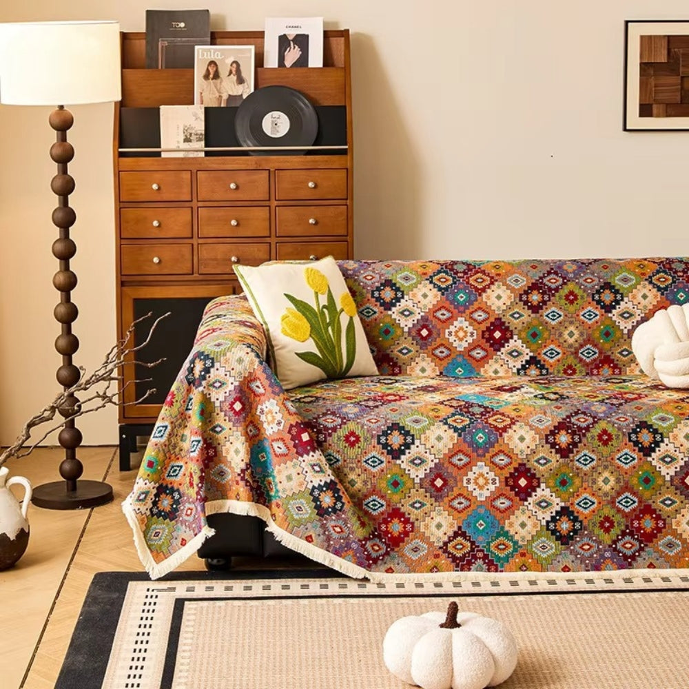 Geometric Kilim Sofa Cover with Tassels in Soft Microfiber