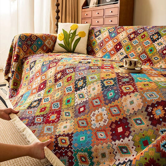 Geometric Kilim Sofa Cover with Tassels in Soft Microfiber