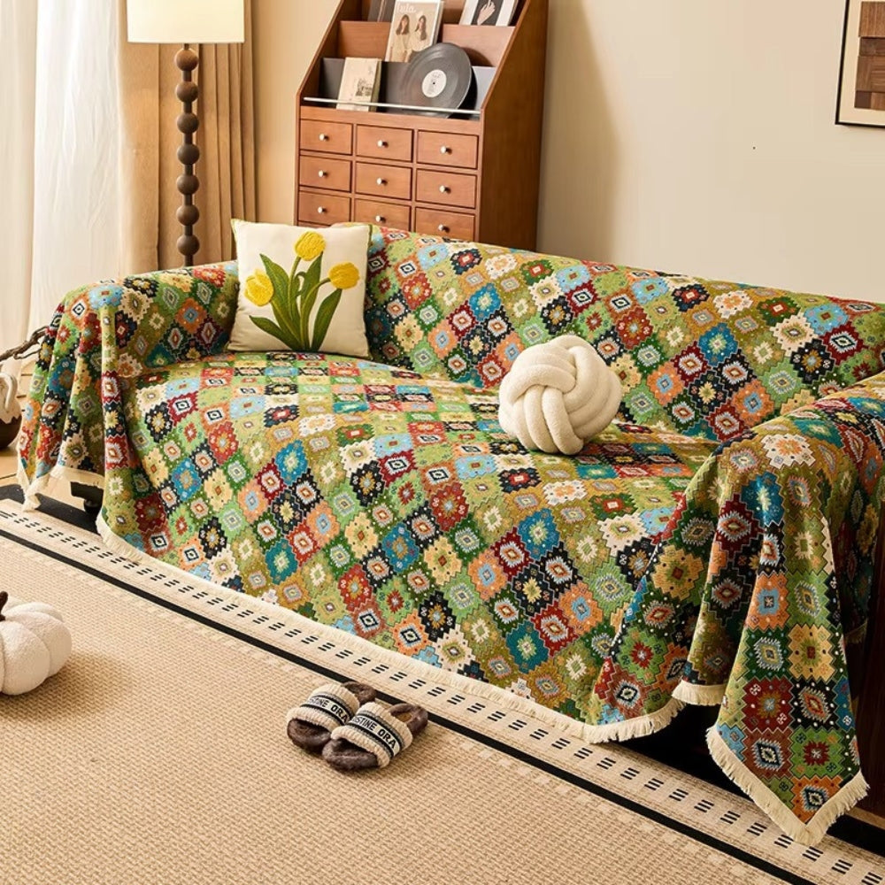 Geometric Kilim Sofa Cover with Tassel Edge