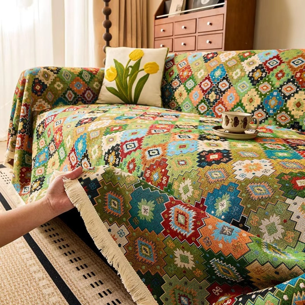 Geometric Kilim Sofa Cover with Tassel Edge