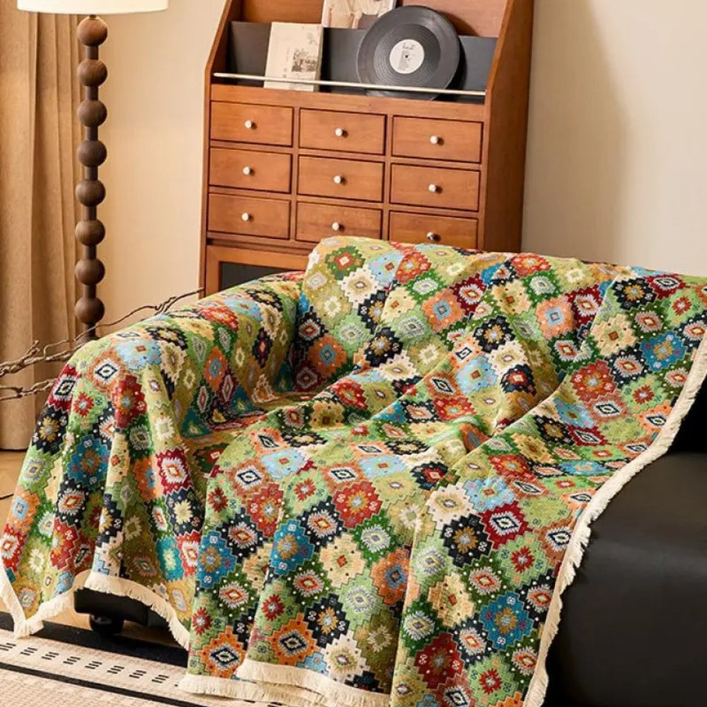 Geometric Kilim Sofa Cover with Tassel Edge