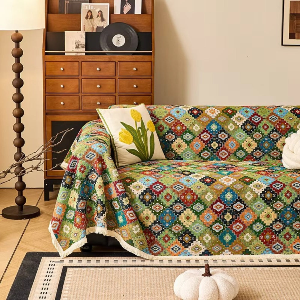Geometric Kilim Sofa Cover with Tassels in Soft Microfiber