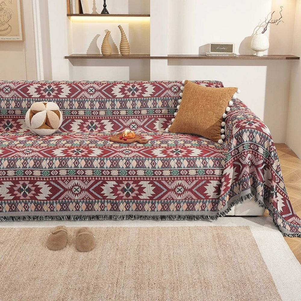 Boho Chenille Sofa Cover with Tassel Edges