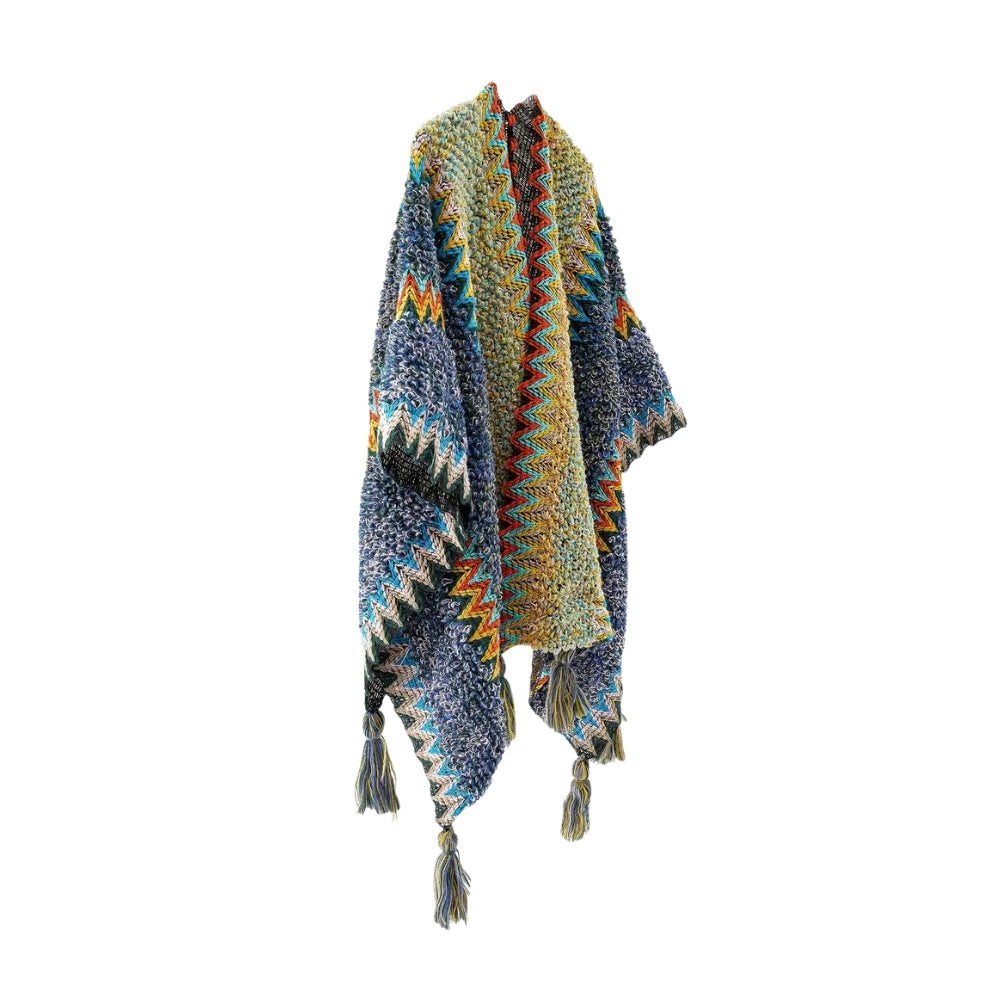 Tassel Striped Poncho Shawl in Soft Acrylic
