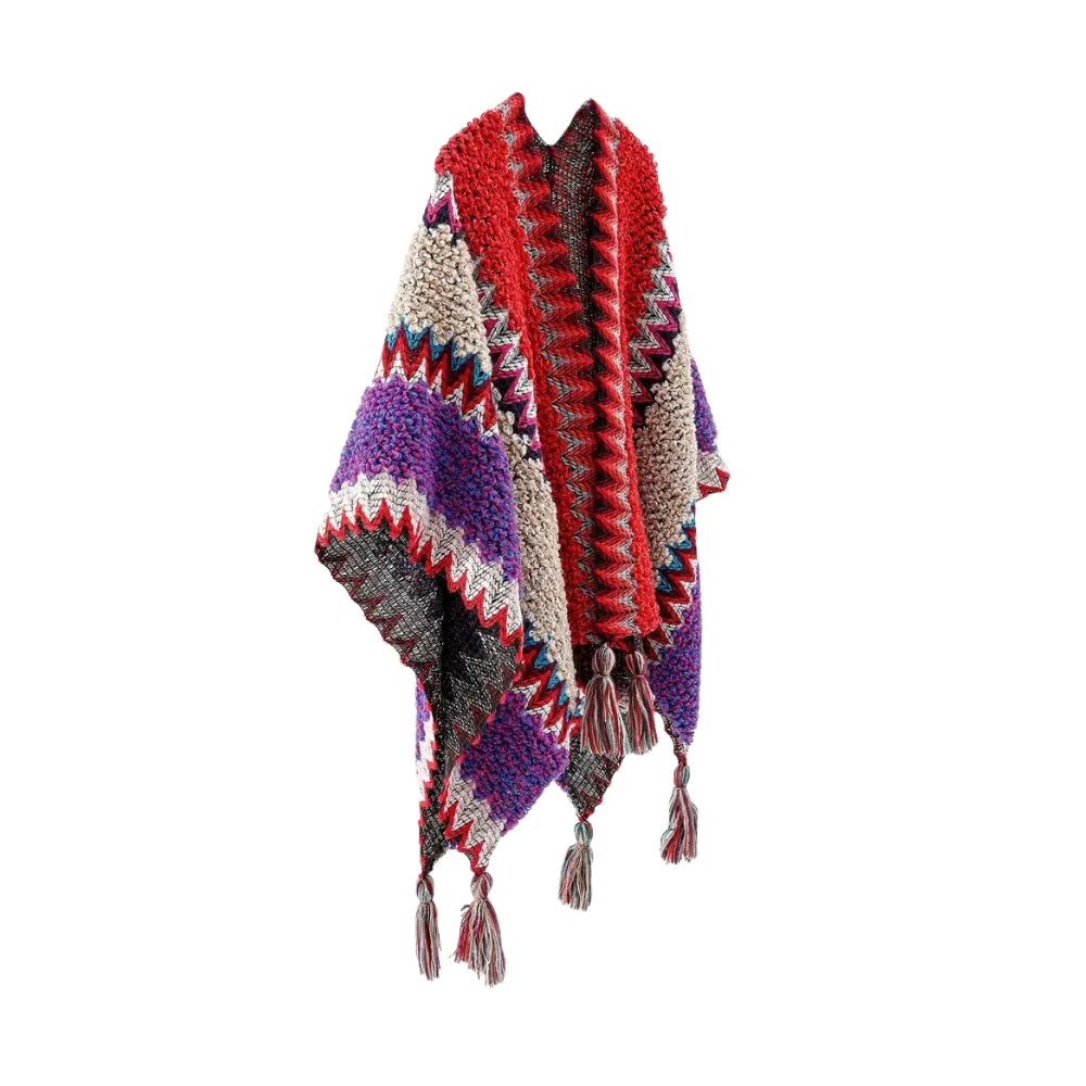 Tassel Striped Poncho Shawl in Soft Acrylic