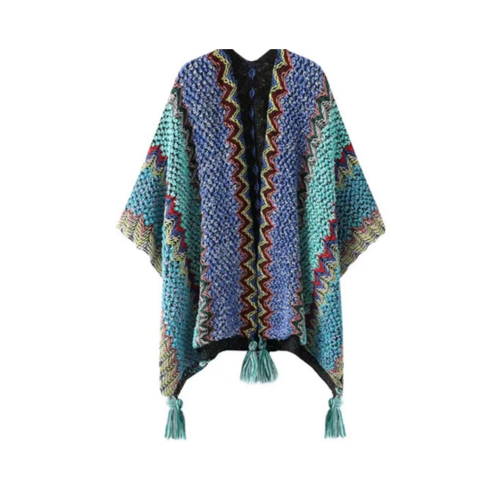 Tassel Striped Poncho Shawl in Soft Acrylic