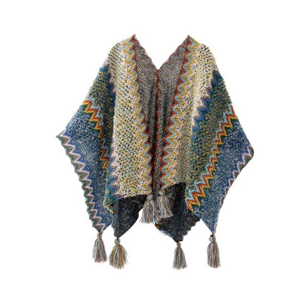 Tassel Striped Poncho Shawl in Soft Acrylic