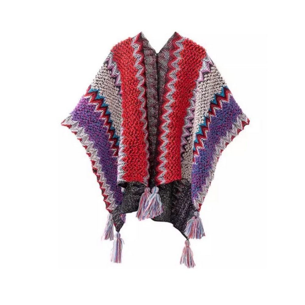 Tassel Striped Poncho Shawl in Soft Acrylic