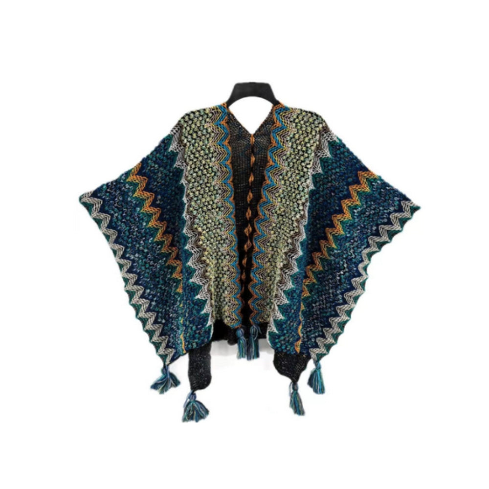 Tassel Striped Poncho Shawl in Soft Acrylic