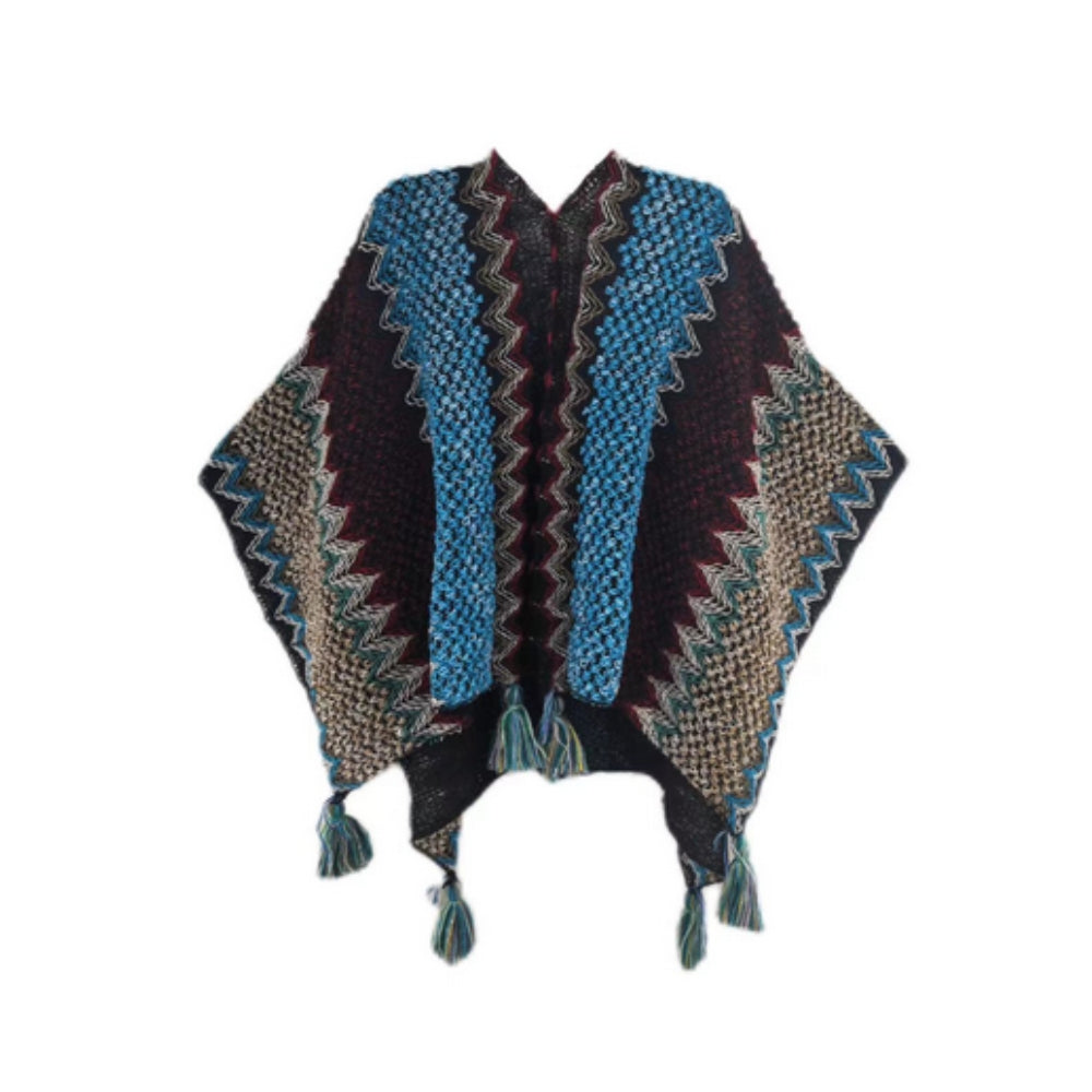 Tassel Striped Poncho Shawl in Soft Acrylic