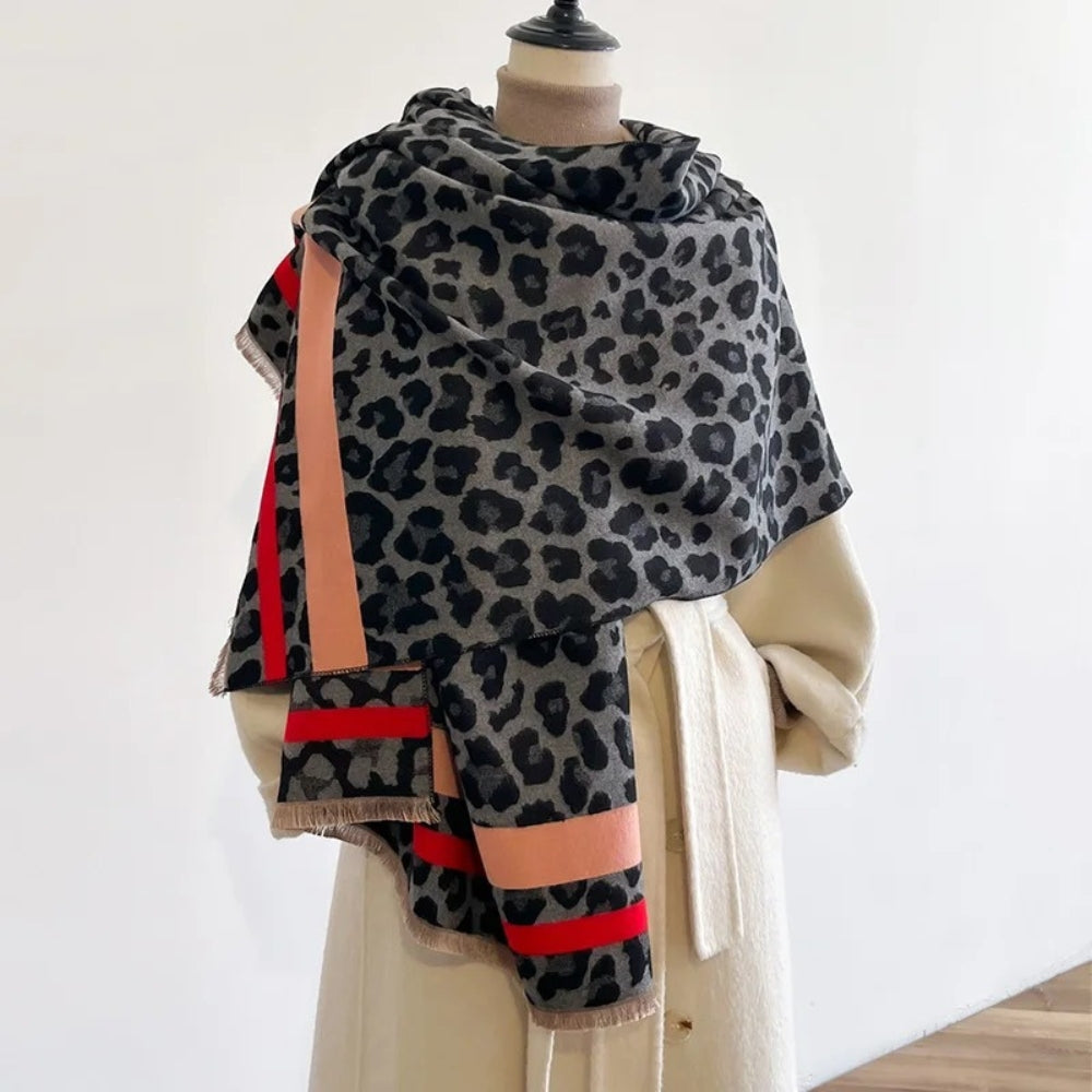 Reversible Leopard Print Wool Blend Shawl Scarf