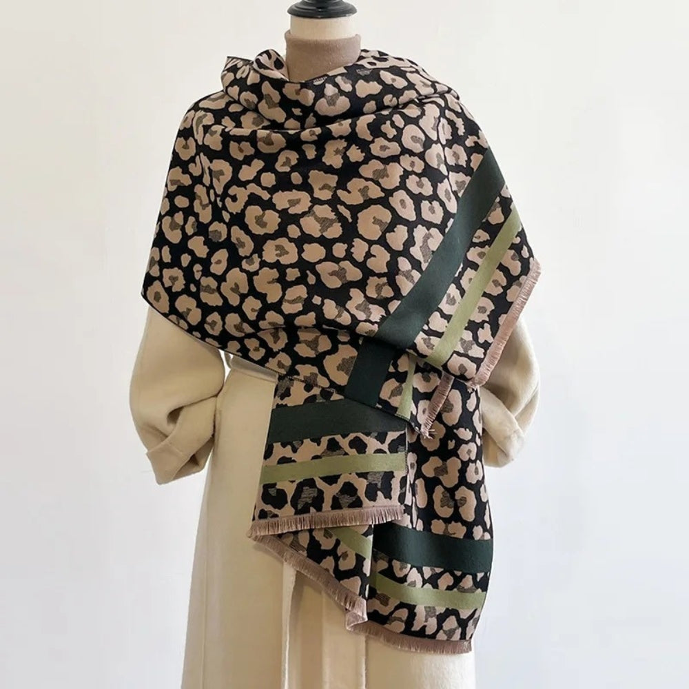 Reversible Leopard Print Wool Blend Shawl Scarf