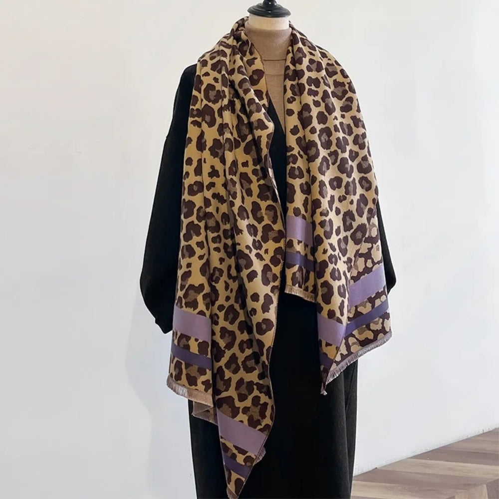 Reversible Leopard Print Wool Blend Shawl Scarf