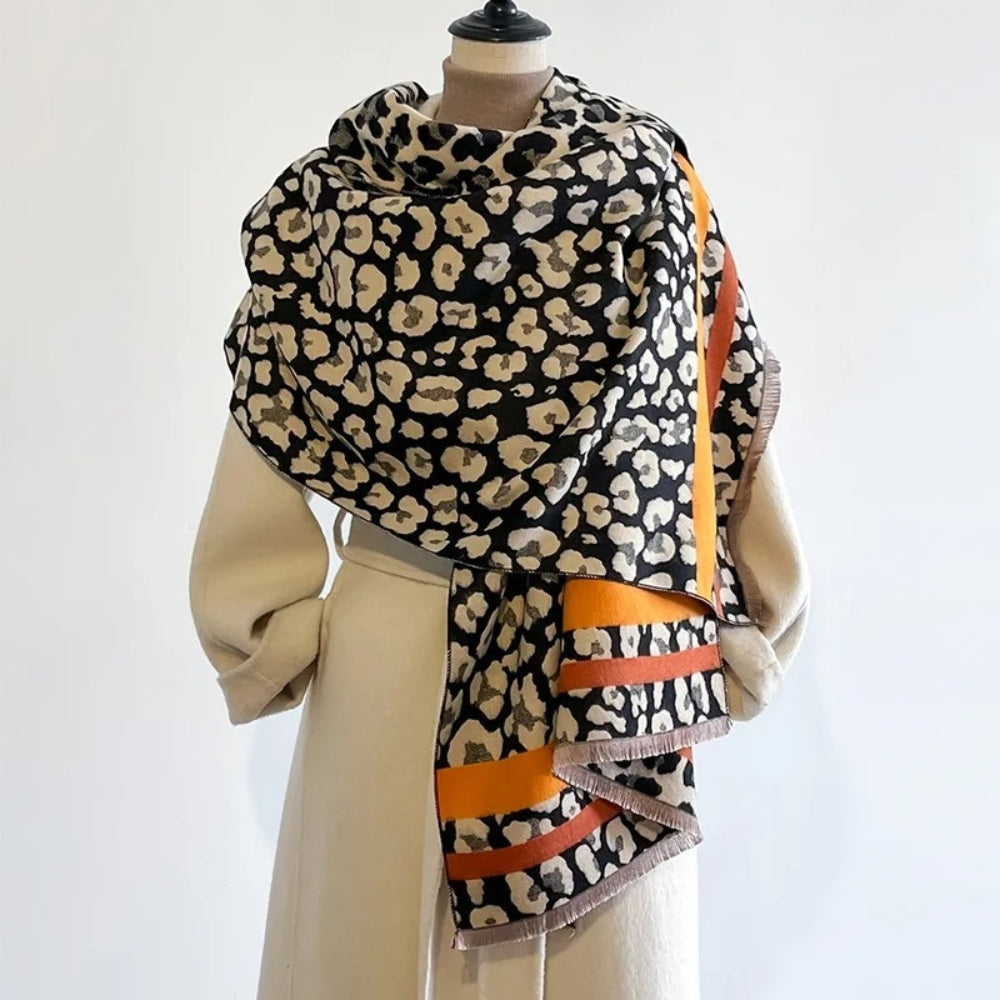 Reversible Leopard Print Wool Blend Shawl Scarf