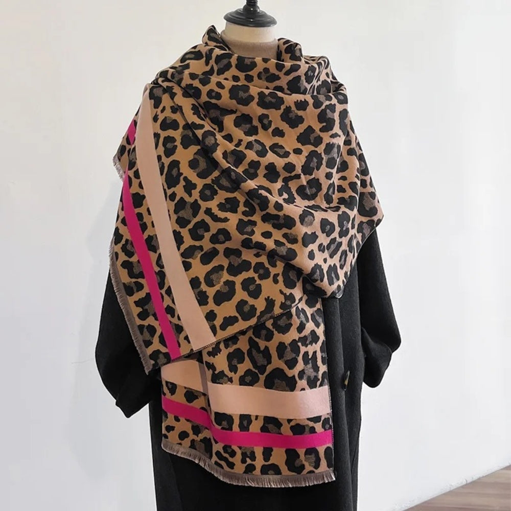 Reversible Leopard Print Wool Blend Shawl Scarf