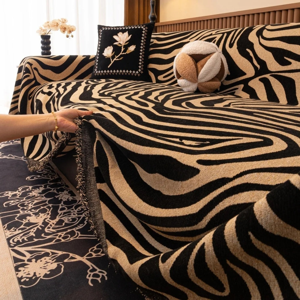 Chenille Zebra Print Sofa Cover with Tasselled Edges