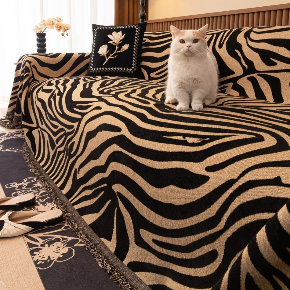Chenille Zebra Print Sofa Cover with Tasselled Edges