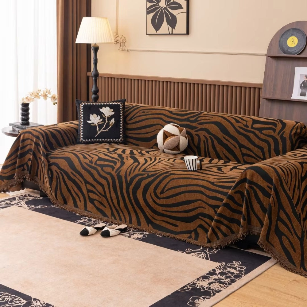 Chenille Zebra Print Sofa Cover with Tasselled Edges